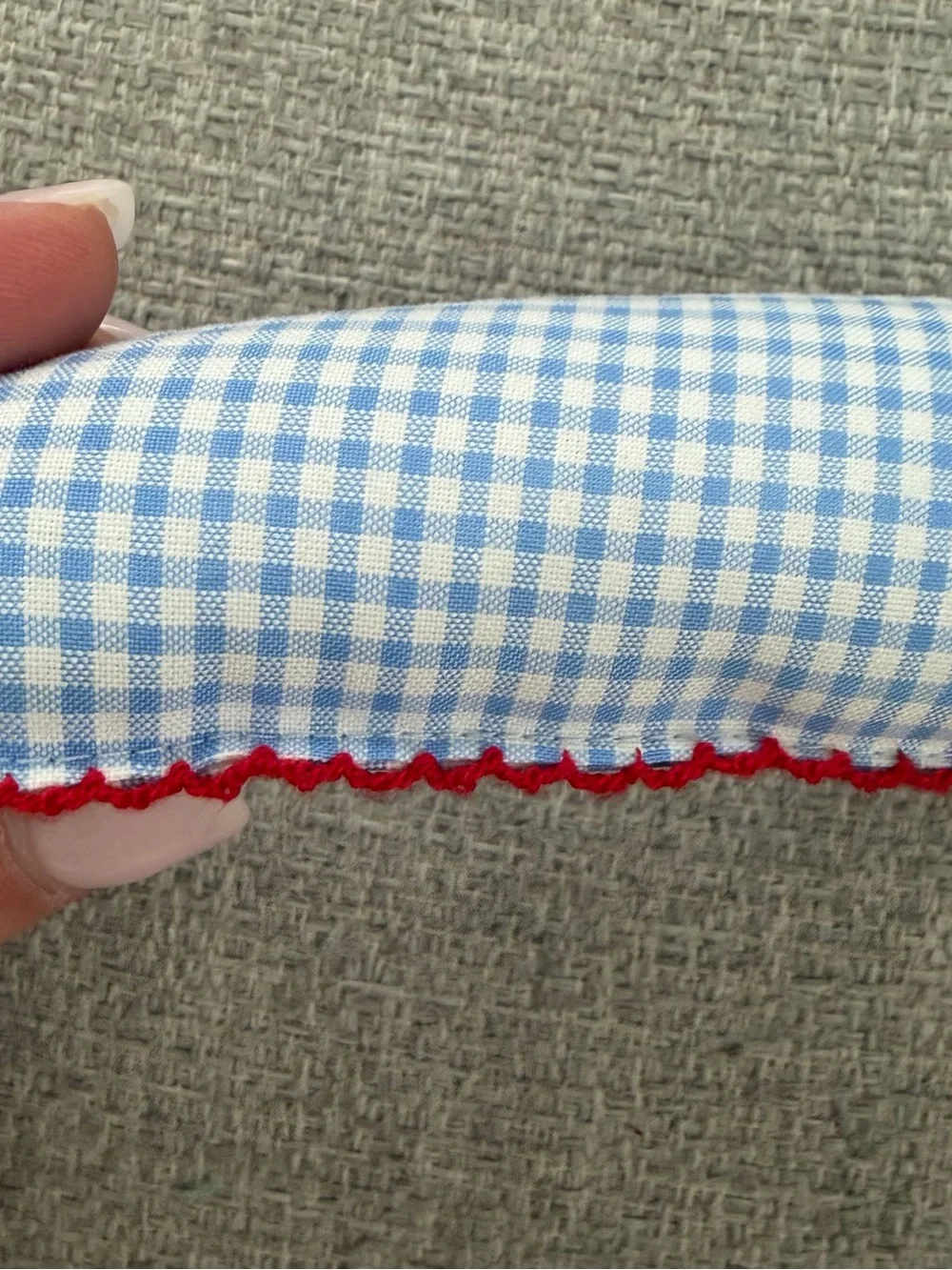 Blue Gingham Padded Kids Hanger with Red Trim and Sailboat Embroidery